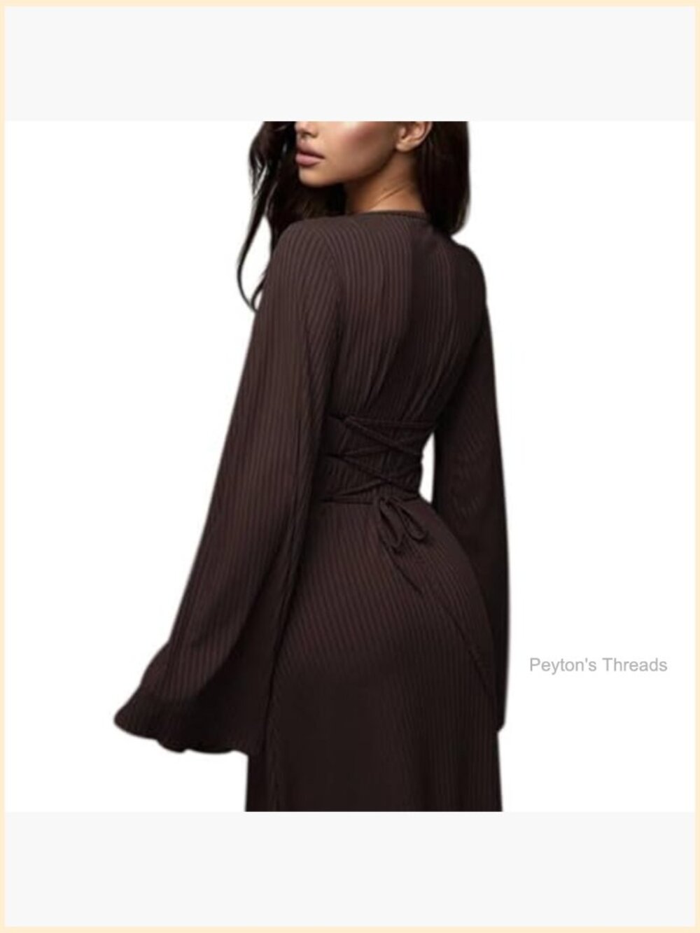 Scoop Neck Lace Up Ribbed Maxi Dress Knit Flare Sleeve Bodycon Long Dress - Picture 4 of 7
